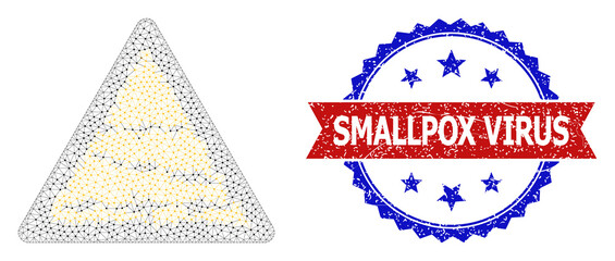 Smallpox Virus scratched seal imitation, and barbed fence warning icon network model. Red and blue bicolor stamp seal has Smallpox Virus title inside ribbon and rosette.