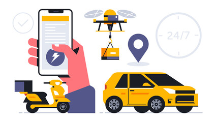 24-hour online delivery service for parcels and food home. Fast delivery order via mobile application. Hand, phone, app, screen, smart, drone, car, scooter, motorcycle, moped. Vector illustration.