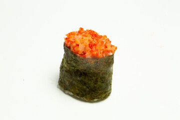 Traditional japanese nigiri sushi, separated on white background, side view