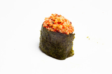 Traditional japanese nigiri sushi, separated on white background, side view