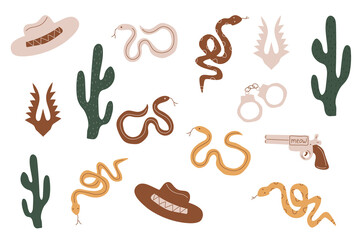 Hat, cacti, stars and snakes. Wild West theme. Hand drawn colored trendy Vector isolated illustration. Wildlife concept. 