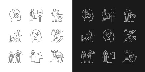 Strong motivation linear icons set for dark and light mode. Desire for recognition and approval. Customizable thin line symbols. Isolated vector outline illustrations. Editable stroke