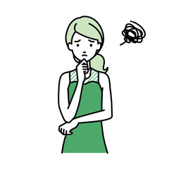 立って手をあごにあてて困っているドレスの女性