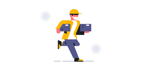 A courier wearing a medical mask delivers the package to the order address. Box, delivery man, safe delivery service, coronavirus, virus. Vector illustration.