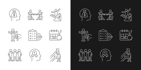 Motivation stimulus linear icons set for dark and light mode. Team and group member. Goal achievement. Customizable thin line symbols. Isolated vector outline illustrations. Editable stroke