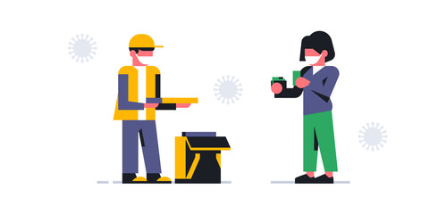 A courier wearing a medical mask delivered the order. Safe online food delivery to your home during a pandemic. Coronavirus, virus, medical protection, money, food, pizza, people. Vector illustration