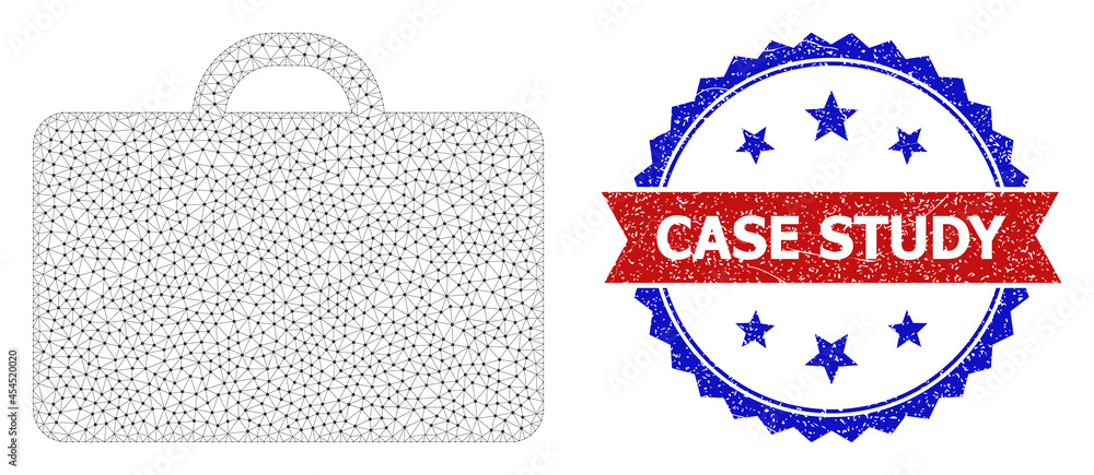 Poster case study grunge stamp, and case icon mesh model. red and blue bicolor stamp seal has case study te