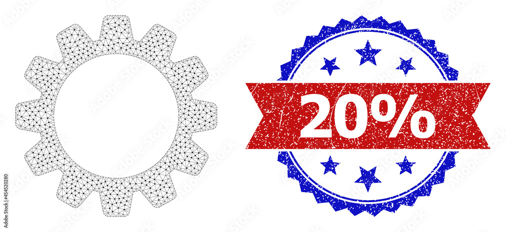 Poster 20% corroded seal, and cog icon mesh structure. red and blue bicolor seal contains 20% caption insid