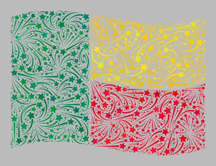 Mosaic waving Benin flag designed with sparkle star items. Vector feast collage waving Benin flag constructed for feast propaganda. Benin flag collage is done from random burst items.