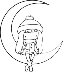 vector cartoon long hair girl seating on the moon