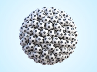 Soccer balls in shape of sphere. Many classic black and white football balls arranged in sphere shape on blue background. 3d rendering