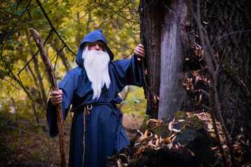 A wizard with a long gray beard and a cloak in a deep forest. An elderly man in a witcher costume