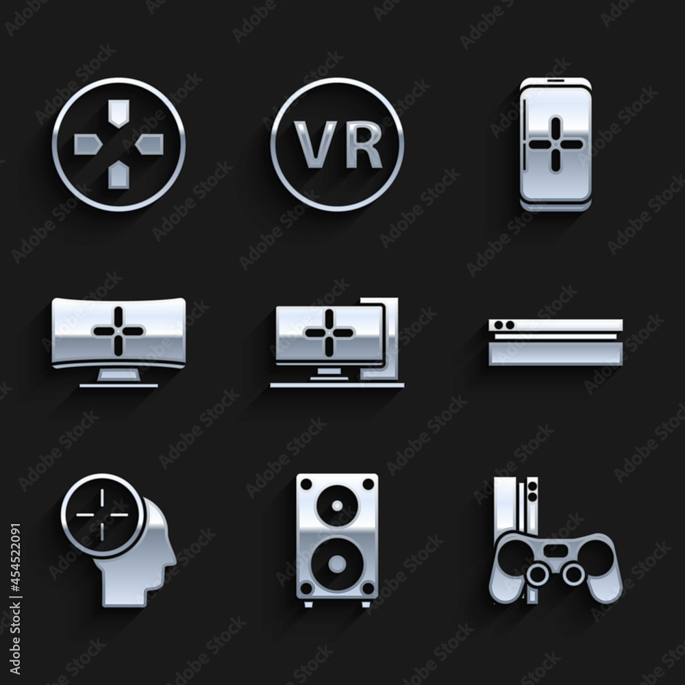 Poster set computer monitor, stereo speaker, game console with joystick, video game, head hunting concept, 