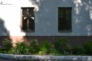 Old house wall with window and blooming flower garden