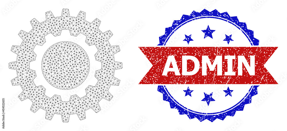 Poster admin corroded stamp seal, and cogwheel icon network model. red and blue bicolored stamp includes ad