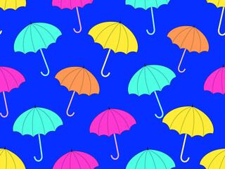 Colorful umbrellas on a blue background. Bright autumn pattern of umbrellas. Rain umbrellas. Design for printing, wrapping and fabric. Vector illustration
