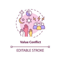 Value conflict concept icon. Disagreement about personal beliefs and religion. Conflict management abstract idea thin line illustration. Vector isolated outline color drawing. Editable stroke