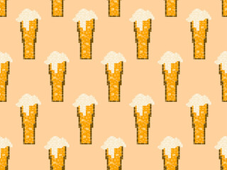 Pixel beer seamless pattern. Glass of beer pixel art. 8 bit mug, pixel drinks. Graphic style of video games from the 90s. Design for games, wrapping and advertising. Vector illustration