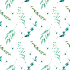 Watercolor seamless botanical pattern with eucalyptus. Hand painted background with green eucalyptus branches for prints, textile, wrapping paper and wedding decoration. 