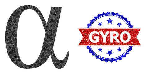 Low-poly Alpha Greek lowercase letter polygonal 2d illustration, and grunge bicolor rosette seal stamp, in red and blue colors.