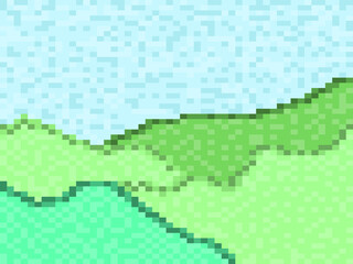 Pixel landscape with green meadows and hills. Retro 8-bit video game of the 90s in 2D. Pixel art design for games, apps, banners and posters. Vector illustration