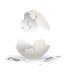 Cracked egg. Eggshell cracking stage. Realistic chicken egg with broken eggshell. Design element of fragile broken egg