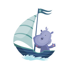 Cute hippopotamus animal sailing on boat. Vector funny cartoon sailor on sailboat with water waves isolated on white background. Baby character