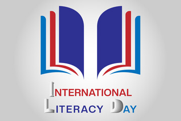 International Literacy Day greeting card illustration of open book LOGO in gray background. Reading imagination concept for education holiday.