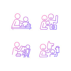 Effective parenting style gradient linear vector icons set. Helping with homework. Family portrait. Feeding in highchair. Thin line contour symbols bundle. Isolated outline illustrations collection
