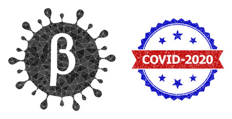 Lowpoly Beta covid virus polygonal 2d illustration, and grunge bicolor rosette seal stamp, in red and blue colors. Collage Beta covid virus composed from chaotic colored triangles.