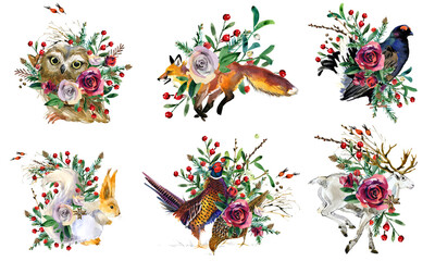 watercolor Christmas Woodland animal. winter holidays background. Happy New Year Design. Winters greeting card design
