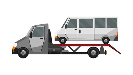 Tow truck. Flat faulty car loaded on a tow truck. Vehicle repair service which provides assistance damaged or salvaged cars
