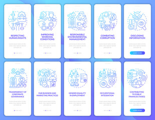CSR related blue gradient onboarding mobile app page screen set. Rights at workplace walkthrough 5 steps graphic instructions with concepts. UI, UX, GUI vector template with linear color illustrations