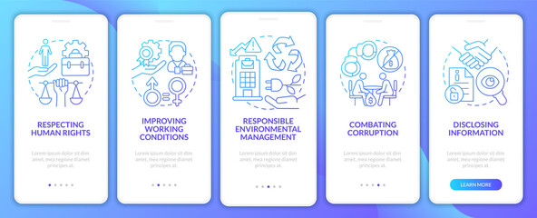 Corporate social responsibility blue gradient onboarding mobile app page screen. Walkthrough 5 steps graphic instructions with concepts. UI, UX, GUI vector template with linear color illustrations