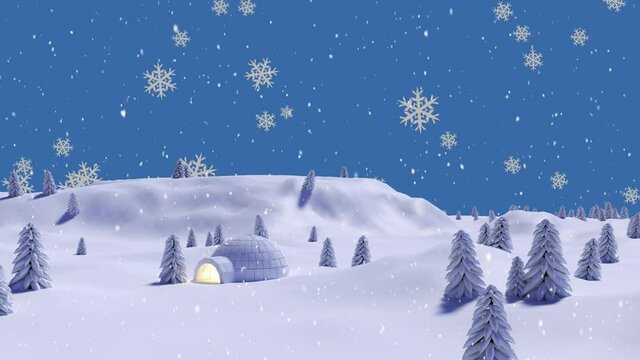 Snowflakes falling over igloo and multiple trees on winter landscape against blue background