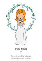 My first communion card. Girl praying. isolated vector