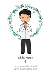 My first communion card. Child praying. isolated vector