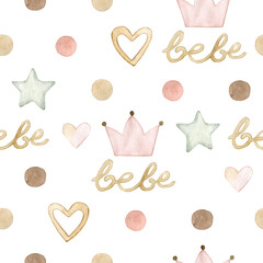 Watercolor seamless pattern polka dots, crown, stars, hearts, lettering. Isolated on white background. Hand drawn clipart. Perfect for card, fabric, tags, invitation, printing, wrapping.  