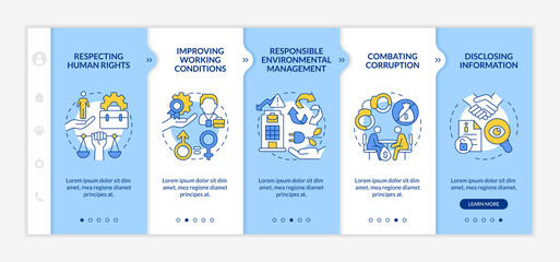 Corporate social responsibility issues vector onboarding vector template. Responsive mobile website with icons. Web page walkthrough 5 step screens. Color concept with linear illustrations