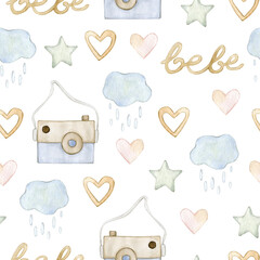 Watercolor seamless pattern with clouds, stars, hearts, camera, lettering.  Isolated on white background. Hand drawn clipart. Perfect for card, fabric, tags, invitation, printing, wrapping.
