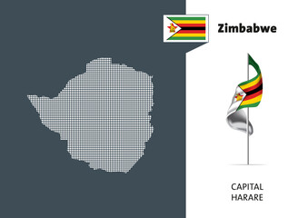Flag of Zimbabwe on white background. Dotted map of Zimbabwe with Capital name - Harare. (EPS 10 vector art)
