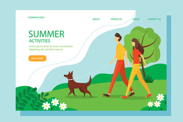 Man and woman walking with a dog in the Park. Cute summer illustration in a flat style. Concept of active outdoor activities.