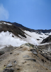 The glacier is a volcano, along which the ascent to the top continues. Mutnovsky Volcano, Kamchatka Peninsula