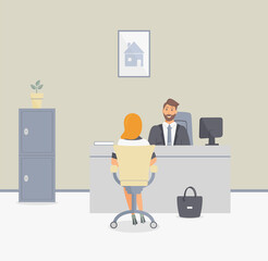Bank office or insurance company. Employee man serve customer woman with leather bag.Talking about loan or deposit or opening account.Interior with safe and painting with house.Vector illustration