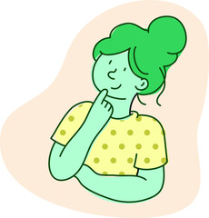 Thinking girl, woman asks questions flat cartoon vector illustration green