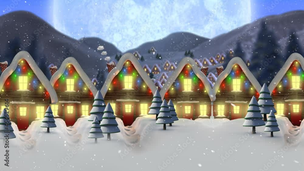 Wall mural Animation of snow falling over houses covered in snow decorated with christmas fairy lights and moon