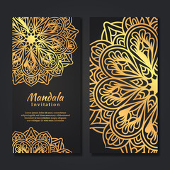 Luxury wedding invitation card with gold mandala design