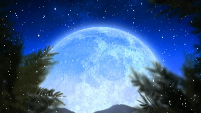 Animation of snow falling over fir trees and moon
