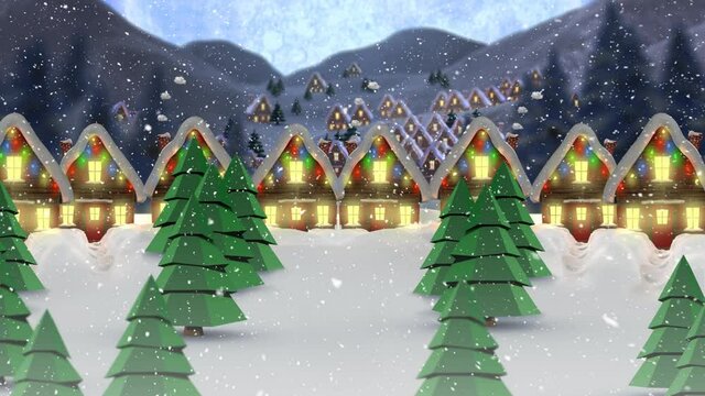 Animation of snow falling over houses covered in snow decorated with christmas fairy lights