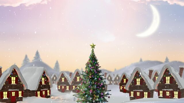 Animation of snow falling over houses covered in snow decorated with fairy lights and christmas tree